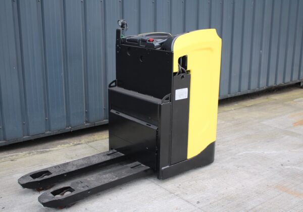 Used Hyster RP2.0N electric rider pallet truck, front three-quarter view with forks